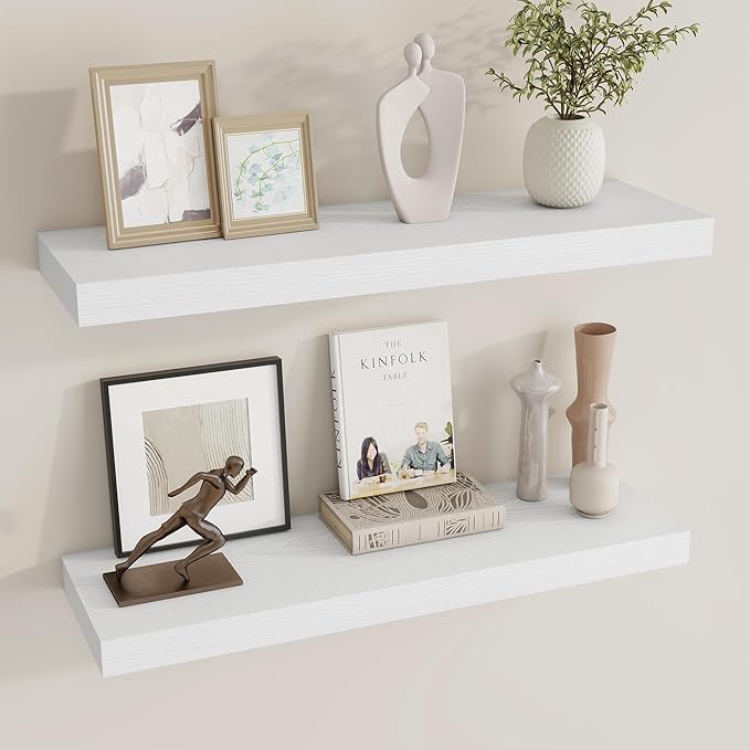 Dreamland 30 Inch Long Floating Shelves in White,8 Inch Deep Floating Shelf for Wall,Large Display & Storage Shelf, Wall Shelf for Bathroom Bedroom Living Room Kitchen Office，Set of 2