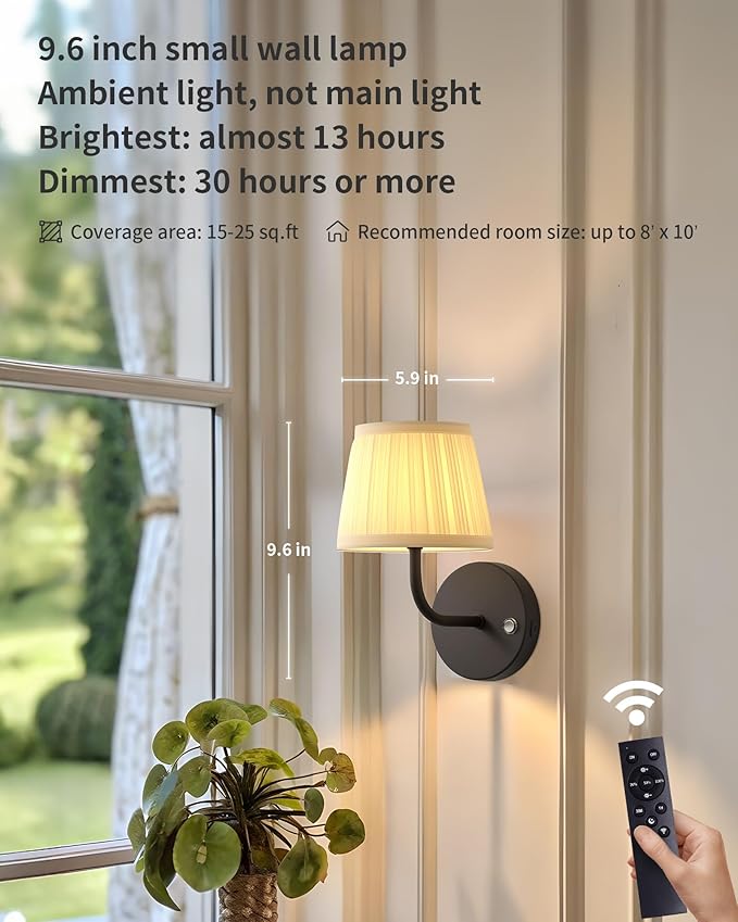 PUSU LED Cordless Black H9.6 inch Small Wall Sconces Set of 2, Rechargeable 5200mAh Battery Operated Fabric Wall Lamp with Remote, Lighting for Living Room, Bedroom, Hallway, Bathroom, Stairs, Kitchen