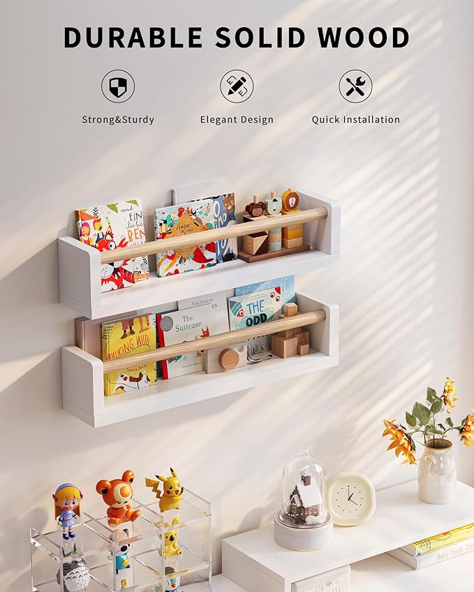 Nursery Book Shelves, 4 Pack, Wall Book Shelves for Kids Room, Baby, Toddler, Nursery Decor (White Wood, 16.6 Inches)
