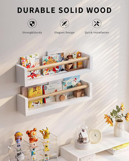 Nursery Book Shelves, 4 Pack, Wall Book Shelves for Kids Room, Baby, Toddler, Nursery Decor (White Wood, 16.6 Inches)