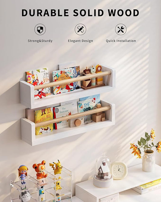 Nursery Book Shelves, 4 Pack, Wall Book Shelves for Kids Room, Baby, Toddler, Nursery Decor (White Wood, 16.6 Inches)