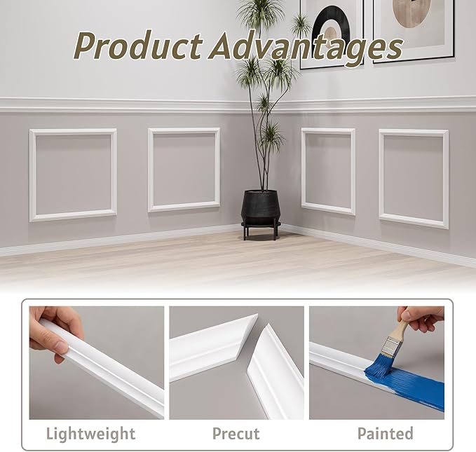 4 Frames Peel and Stick Wall Molding Kit, Wainscoting Panels kit for Walls, PreCut Wall molding 24x24 Inch, Easy Install Wall Wainscoting & Picture Frame Molding for Living Room, Bedroom, Home Decor