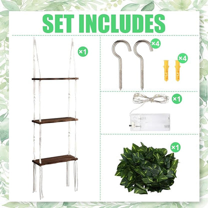 Novabright 3-Tier Boho Wall Hanging Shelves with LED Lights and Green Leaves, Irregular Edge, Floating Wall Shelf for Bedroom Art, Wooden Hanging Floating Storage Shelves Room Decor