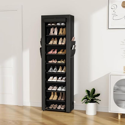 VTRIN Vertical Narrow Shoe Rack Organizer 10 Tier Tall Shoe Shelf Holds 20-22 Pairs with Non-Woven Dustproof Cover for Closet, Entryway Black