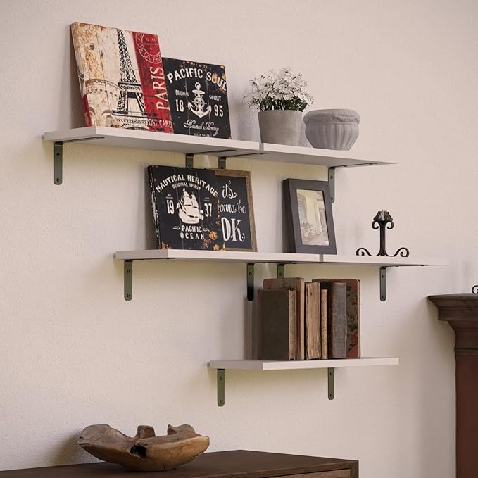 RICHER HOUSE Floating Wall Shelves, Rustic Wood Bathroom Shelves Set of 5, Farmhouse Style Shelf for Décor, Hanging Bedroom, Storage, Kitchen, Living Room - White