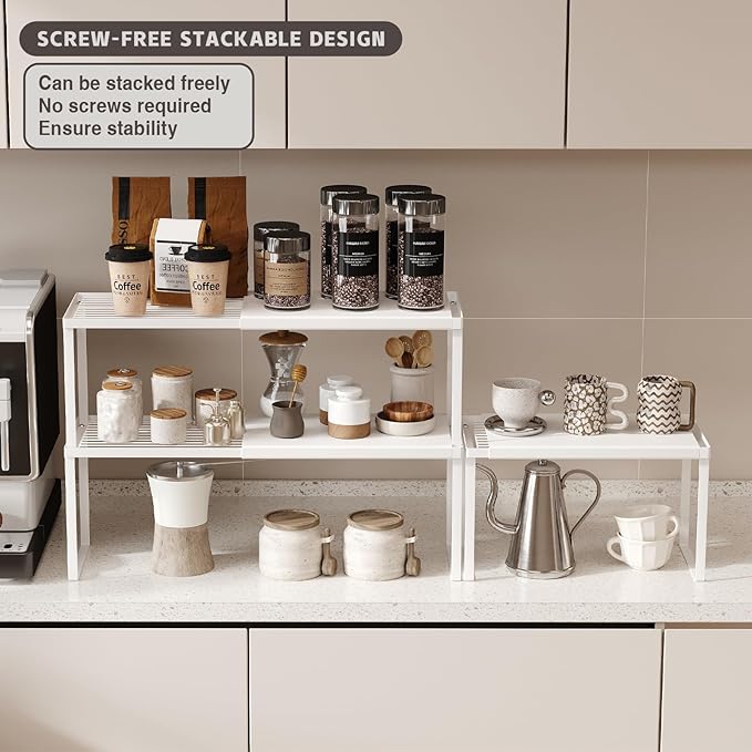 Expandable Cabinet Shelf Organizer, 1 Pack Stackable Kitchen Counter Shelf Riser, Metal Spice Rack Adjustable Heavy Duty Countertop Organizer Storage for Kitchen, Pantry, Cupboard, Rv (White)