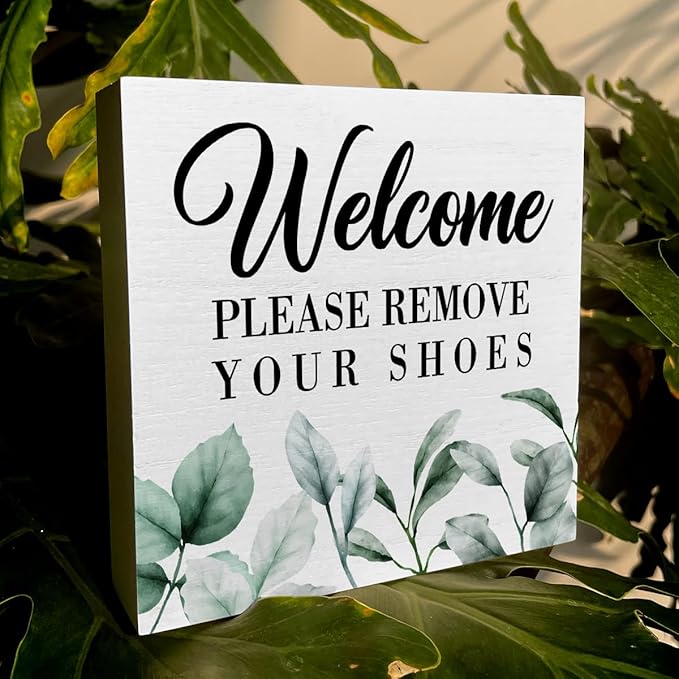 ENGVZ Wood Box Sign - Rustic Farmhouse Style 'Welcome Please Remove Your Shoes' Artwork, 5 x 5 Inches, Durable Decorative Signage for Home, Office, Gift