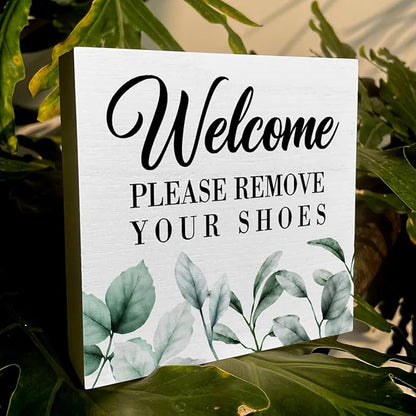 ENGVZ Wood Box Sign - Rustic Farmhouse Style 'Welcome Please Remove Your Shoes' Artwork, 5 x 5 Inches, Durable Decorative Signage for Home, Office, Gift