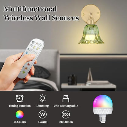 GEEZO Vintage Battery Operated Wall Sconce, with Rechargeable Battery Powered Wall Light with Remote Control for Bedside Bedroom