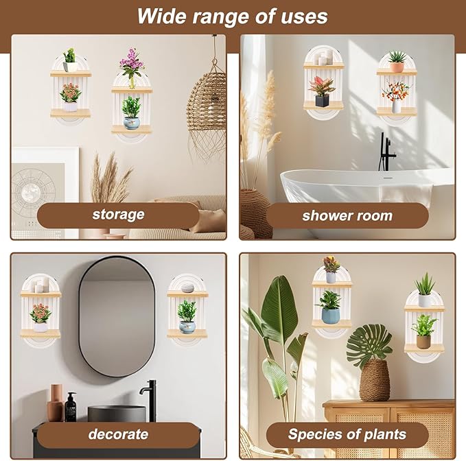 Qivine Boho Wall Shelf 2 Pcs 2 Tier Shelves for Room Wall Wood Floating Shelf with Arched Wood Design Wall Mounted for Living Room, Bedroom, Bathroom Decor (White, 2-Tier)