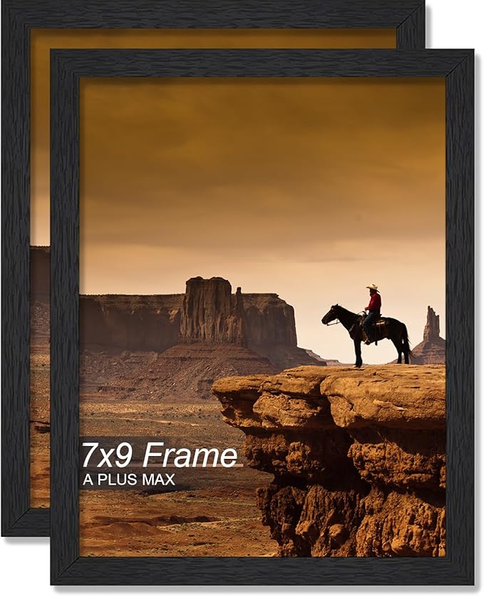 A PLUS MAX 7x9 Picture Frame Set of 2, Black Engineered Wood Frame for 7 x 9 Inch Picture Poster Photo, Light Weight 7 by 9 Frame with Wood-grain for Wall - 2 Pack/Black/7"x9"