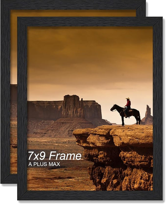 A PLUS MAX 7x9 Picture Frame Set of 2, Black Engineered Wood Frame for 7 x 9 Inch Picture Poster Photo, Light Weight 7 by 9 Frame with Wood-grain for Wall - 2 Pack/Black/7"x9"