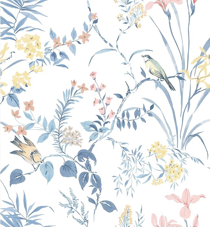 Erfoni 16.9" x118" Boho Floral Peel and Stick Wallpaper Blue Floral and Birds Contact Paper DIY Self Adhesive Removable Wallpaper for Livingroom Cabinet Decor Modern Flower Leaf Wall Paper Vinyl Roll