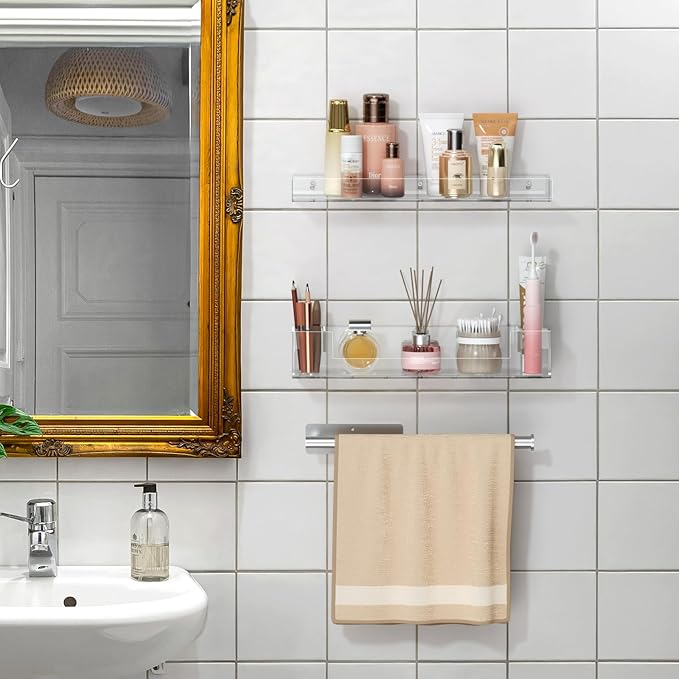 HIIMIEI Bathroom Shelves Wall Mounted: Clear Floating Shelf with Hand Towel Bar, 14.9in Acrylic Hanging Shelves Over Toilet, Set of 3 Bathroom Organizers Rack for Skin Care, Perfume, Lotion, Storage