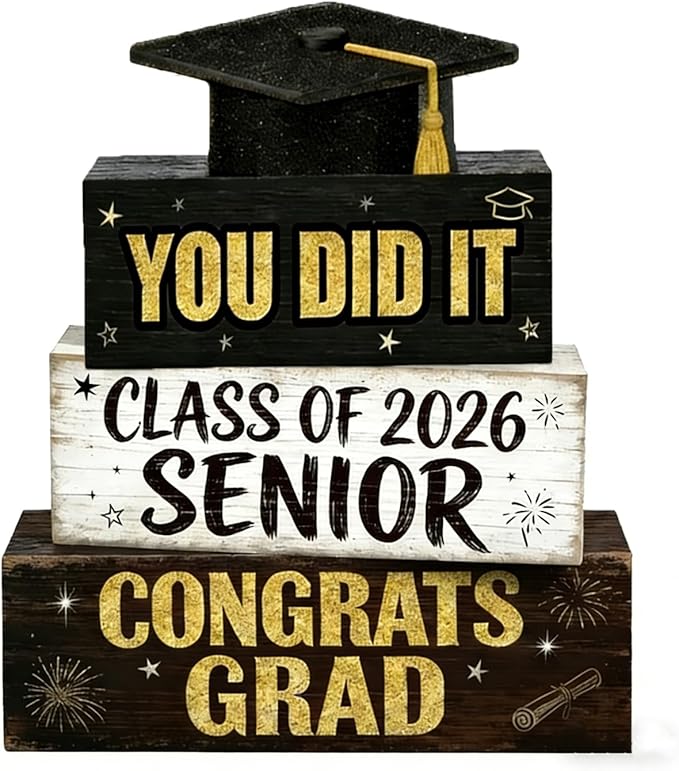 2026 Graduation Table Decorations Class of 2026 Senior Tiered Tray Decor Wooden Hat Block Signs Farmhouse Congrats Grad Tabletop Party Centerpiece for Tables Wooden Sign for Home Decor