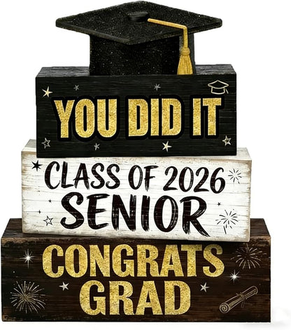 2026 Graduation Table Decorations Class of 2026 Senior Tiered Tray Decor Wooden Hat Block Signs Farmhouse Congrats Grad Tabletop Party Centerpiece for Tables Wooden Sign for Home Decor