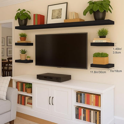 Floating Shelves Bathroom for Wall, Bathroom Shelves Over Toilet, Wall Shelves & Book Shelf, Hanging Shelf, Modern Wooden Wall-Mounted Small Floating Shelves, 12x7x1.5 in (Black, Set of 2)