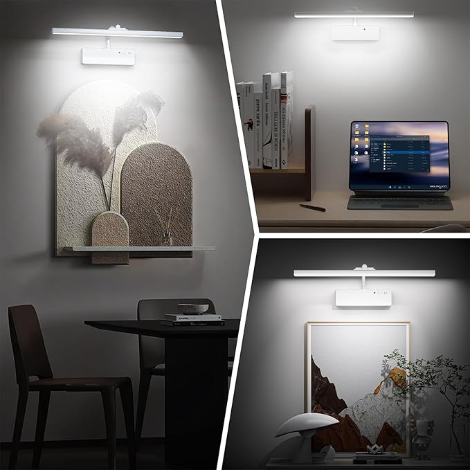 Picture Light, 15.35inch Wireless Picture Lights for Wall Rechargeable, 5400mAh Battery Wall Light with Remote, 3 Color Art Lighting for Paintings with Timer and Dimmable for Display, Gallery (White)