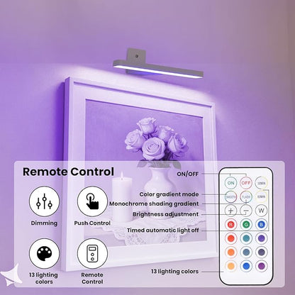 Picture Lights for Wall Battery Operated White Wireless Art Light for Paintings, Rechargeable Display Lighting for Picture with Remote Control, RGB Poster Lights for Gallery, Frame, Portraits, 2 Pack