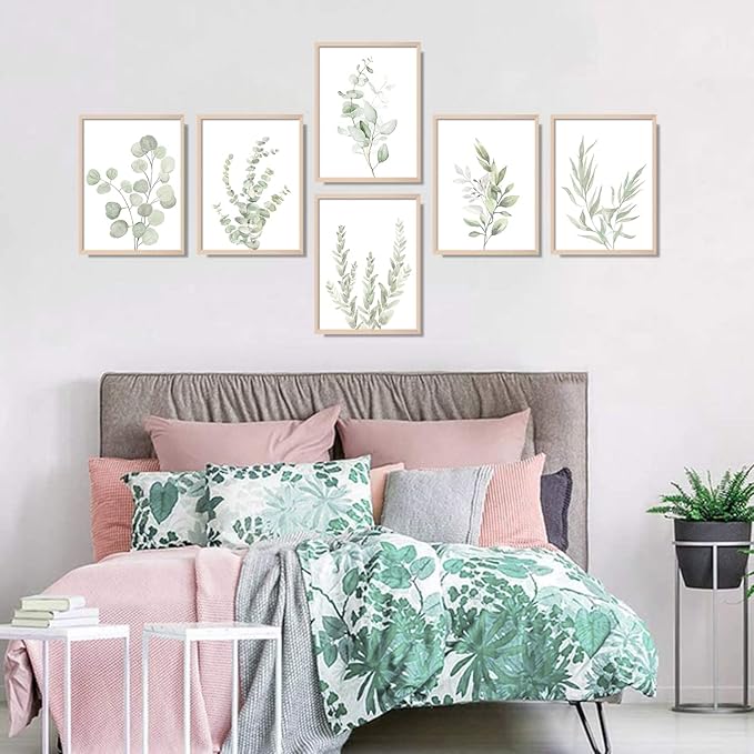 NCYEL Botanical Plant Wall Art Boho Bathroom Decor Wall Art Prints Light Green Eucalyptus Leaf Picture Canvas Wall Art Minimalist Floral Wall Decor for Bedroom Living Room Bathroom Kitchen Unframed