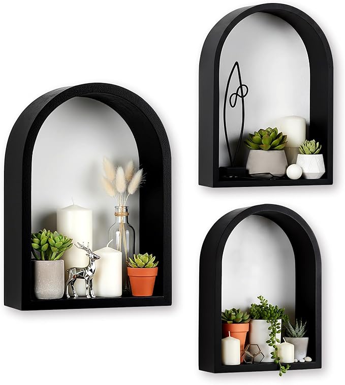 3 Set Wall Shelf 9.8 x 7.1 Inch Wooden Hanging Shelf Deep Display Storage Shelves Floating Shelves for Home Office Room Mini Figures Potted Plants Wall Decor(Arched,Black)