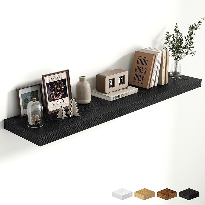 Fun Memories 10 Inch Deep Shelves, Floating Shelves for Wall 48 Inches Long, Wood Floating Shelves for Wall, Large Storage Shelves Wall Mount for Living Room Bedroom, Black, Set of 1