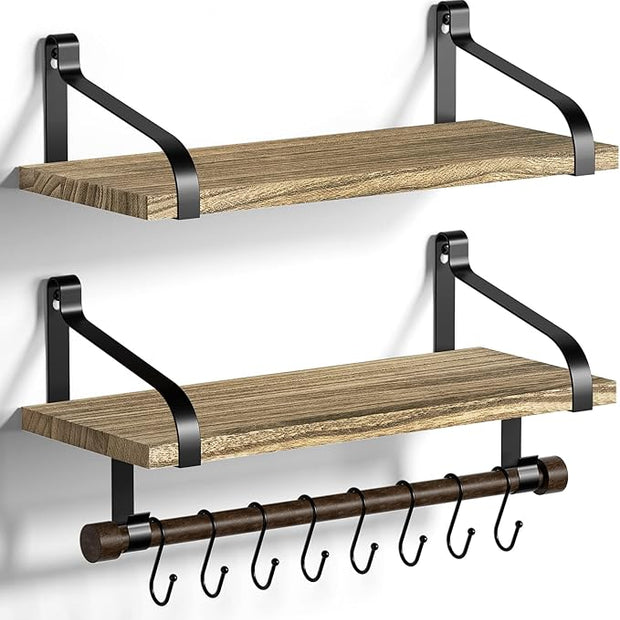 Love-KANKEI Floating Shelves Wall Mounted Set of 2, L17.3 x W7.3 Inch Storage Shelves with Wood Bar and 8 Removable Hooks for Kitchen, Coffee Bar,Bathroom, Bedroom, Living Room Carbonized Black