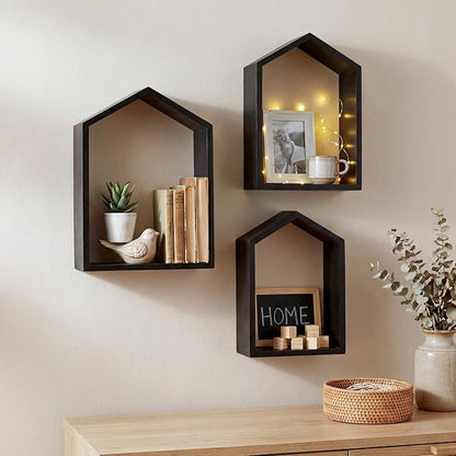 3 Set Wall Shelf 9.8 x 7.1 Inch Wooden Hanging Shelf Deep Display Storage Shelves Floating Shelves for Home Office Room Mini Figures Potted Plants Wall Decor(House,Black)