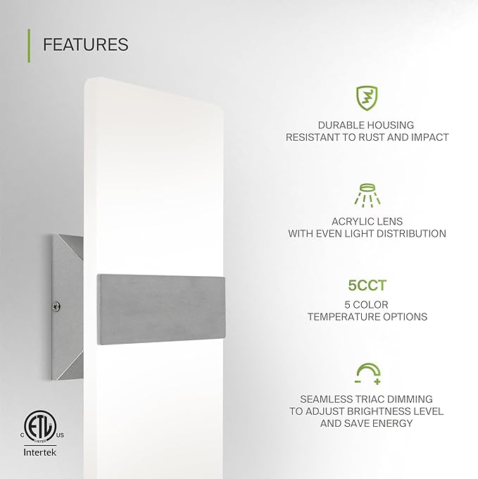 ASD LED Indoor Wall Mount Light Fixture - 14 Inch 24W Modern Interior Brushed Nickel Dimmable Wall Sconce Light - ETL 2700K-5000K Adjustable - Hallway, Bedroom LED Wall Lights, Pack of 2