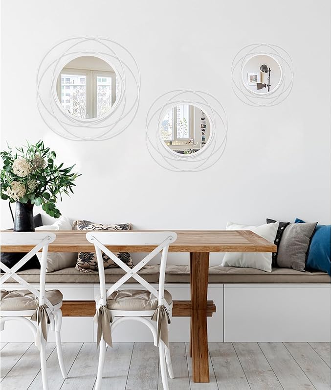 White Art Circle Mirror for Wall with Iron Metal Wire Frame Wall-Mounted Mirror for Home Decor Living Room Bedroom Bathroom Entryway Small 20” x 20”