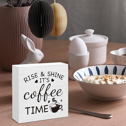 Farmhouse Coffee Bar Decor Sign, It's Coffee Time Wood Block Sign for Home Kitchen Bar Tabletop Decoration 5 x 5 Inches