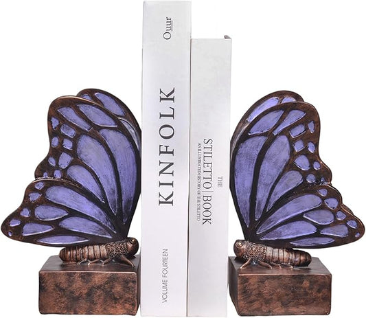 Vintage Purple Butterfly Bookends,Resin Book Ends for Shelves,Heavy Duty Decorative Bookends,Creative Book Stopper Holder Decor for Desk Home Office,Shelf Decoration,Gifts for Mother's Day