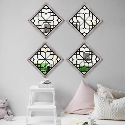 ZEXUIRU Set of 4 Wooden Rustic Square Wall Mirror Vintage Style Decorative Entry Mirror Farmhouse Wall Decoration for Living Room Bedroom Bathroom Kitchen 11.8 * 11.8inch Brown…