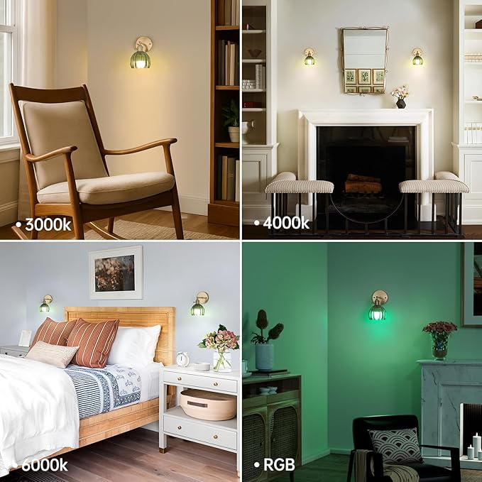 Vintage Battery Operated Wall Sconce with Green Tulip Glass Lampshade 5000 mAh Rechargeable Battery Powered Wall Light with Remote Control for Bedside Bedroom Doorway, Set of 2