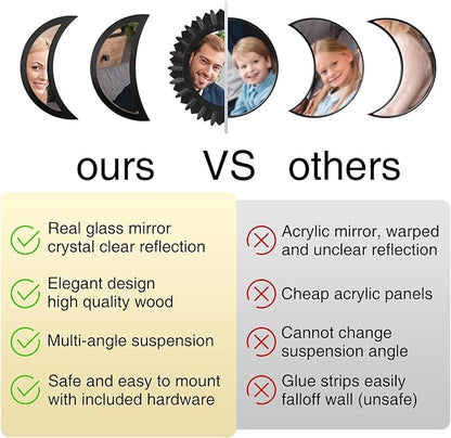 WAKOSAN Wall Mirror, Moon Phase Mirror Set, Wall Decor for Bedroom, Bohemian 5PCS Wooden and Real Glass Mirror with Crystal Clear Reflection, Boho Decor, Multi-Angle Installation (Black)