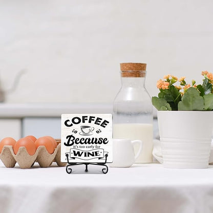 Coffee Bar Decor, Farmhouse Kitchen Table Decor, Coffee Station Accessories, Wooden Decorative Sign with Iron Stand for Table Desk Shelf Display-E19
