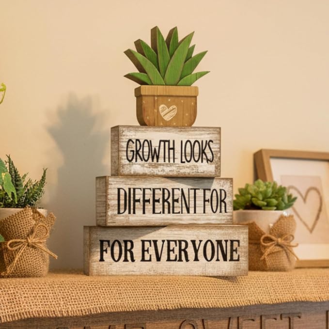4 Pcs Inspirational Farmhouse Table Decor Growth Looks Different for Everyone Rustic Stacked Wooden Block Signs with Inspirational Quote Artificial Succulent for Home, Office, Shelf Gift