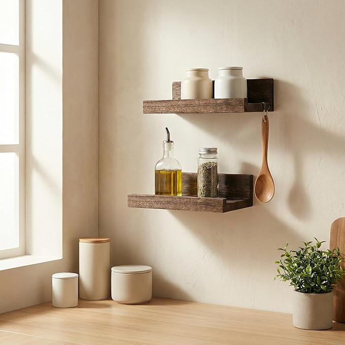 Z metnal Mini Floating Shelves, Small Natural Wooden Display Wall Shelf for Picture Ledge, Pawlownia, Wall Mounted, 12 x 5.5inch, 2 Pack