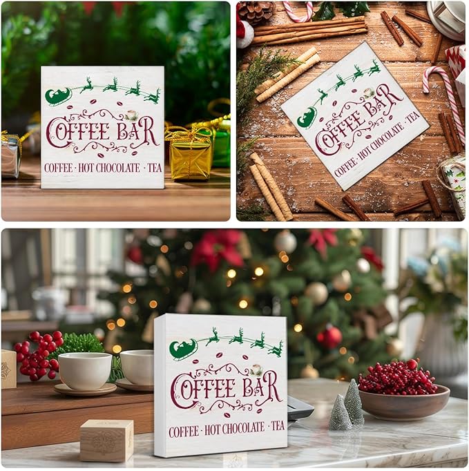 Vintage Farmhouse Christmas Wooden Sign, Rustic Home Kitchen Decor - 5 x 5 Inches
