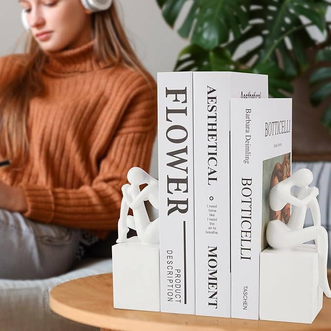 White Book Ends Decorative, Girl Thinker Design, Modern Bookends for Shelves, Non-Skid Heavy Duty Resin Book Stopper for Books, Bookends with Base, Resin, 1Pair/2Piece