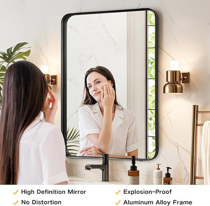 Black Mirror for Bathroom Wall - 26x38 Inch Bathroom Mirrors Over Sink with Rectangular Metal Frame, Black Vanity Rectangle Mirror for Restroom, Hallway, Home Office