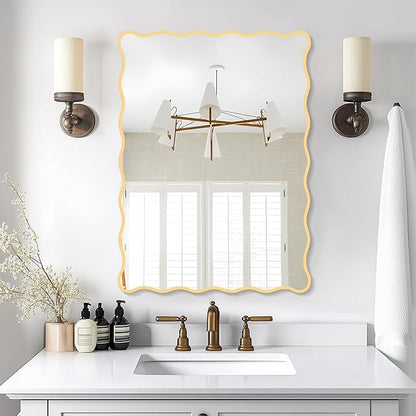 Gold Wavy Mirror Whit Wood Frame, 18" x 24" Small Rectangle Boho Mirror for Nursery Wall Decor, Bathroom Vanity, Bedroom, Living Room, Entryway