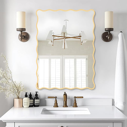Gold Wavy Mirror Whit Wood Frame, 18" x 24" Small Rectangle Boho Mirror for Nursery Wall Decor, Bathroom Vanity, Bedroom, Living Room, Entryway