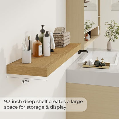 Dreamland 40 Inches Floating Shelves for Wall, 9.3 Inch Deep Floating Shelves Set of 2, Large Display & Storage Shelf, Wall Shelf for Bathroom Bedroom Living Room Kitchen Office,Oak