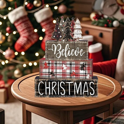 DIYDEC 4Pcs Christmas Table Decoration Christmas Tree Wooden Block Sign Xmas Tiered Tray Decor Winter Centerpiece Decorative Sign for Holiday Tabletop Coffee Fireplace Shelf Desk Party Decor