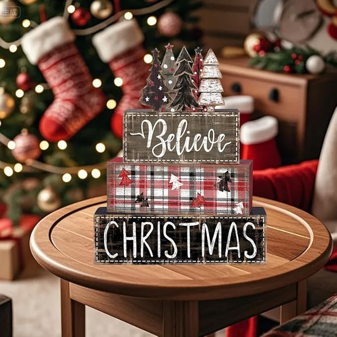 DIYDEC 4Pcs Christmas Table Decoration Christmas Tree Wooden Block Sign Xmas Tiered Tray Decor Winter Centerpiece Decorative Sign for Holiday Tabletop Coffee Fireplace Shelf Desk Party Decor