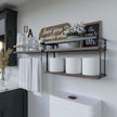 RICHER HOUSE 2+1 Tier Wall Mounted Floating Shelves Set of 2, Rustic Wood Shelf with Metal Frame, Extra Storage Rack for Bathroom, Kitchen, Bedroom with Tissue Rack & Towel Bar - Rustic Brown