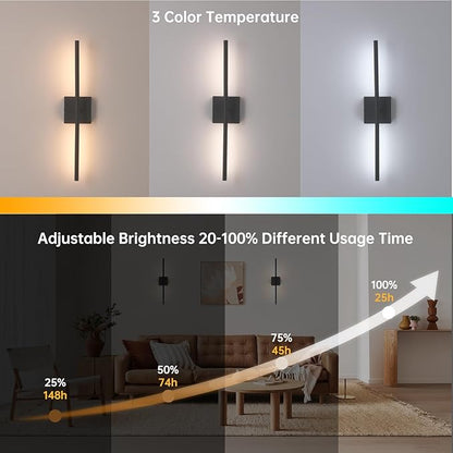 Battery Operated Wall Sconce Set of 2, 8000mAh Wireless Wall Sconces, 3000K-6000K Dimmable, 350°Rotate, Indoor Wall Lights with Remote for Bedroom Living Room Bathroom, Black, 23.6 Inch