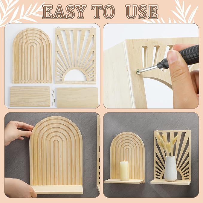 Tatuo 2 Pieces Boho Wall Shelf Decor Floating Shelves for Wall Wooden Hanging Holder for Living Room Bathroom Bedroom Office Nursery Decoration(Boho Sun)