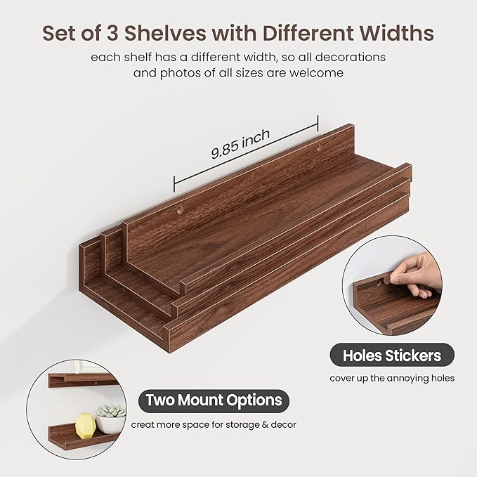 Axeman Picture Ledge Shelf | 16 Inch Walnut Floating Shelves Set of 3 | Rustic Wood Wall Shelves with Lip | 16